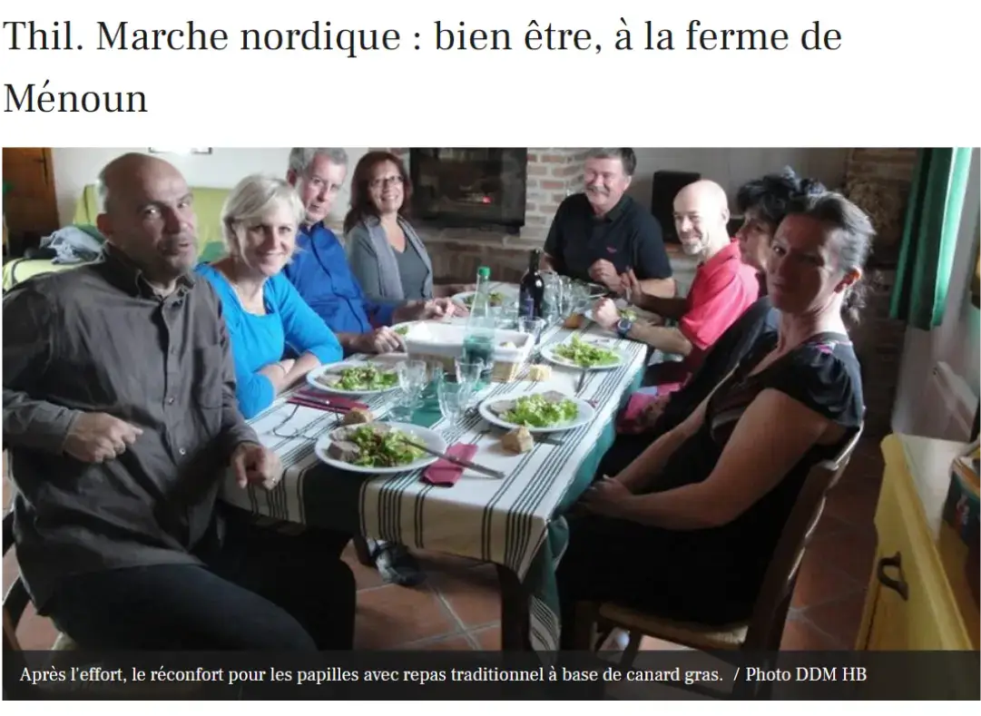 Article La Dépêche de 2013 présentant l'étape gastronomique à la Ferme de Menoun lors d'un séjour marche nordique